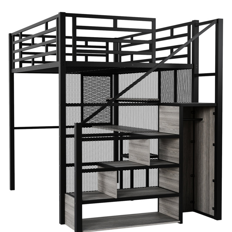 Lit mezzanine en métal noir avec bureau pour l'utilisateur, garde-robe et tablettes de rangement, Noir
