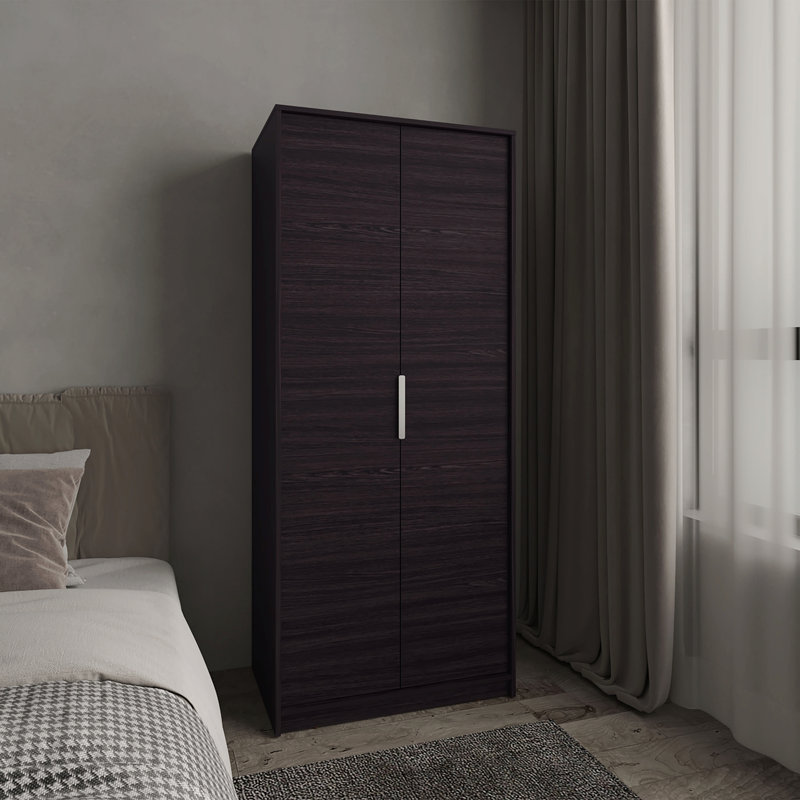Armoire à portes doubles, tringle suspendue et tablettes intérieures, garde-robe moderne autoportante, noir