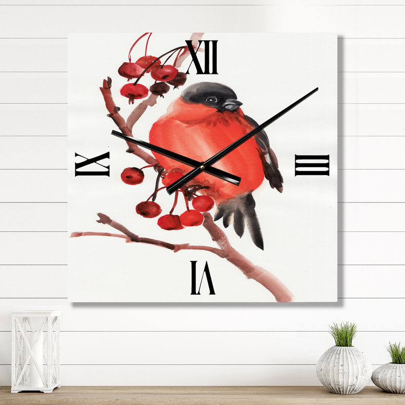 Horloge murale bouvreuil sur une branche avec baies, Très grand