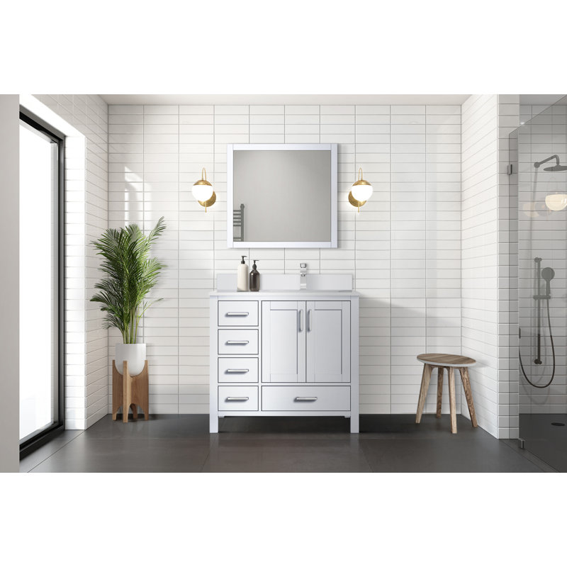 Jacques 36 in. W x 22 in. D Right Offset Bath Vanity, and 34 in. Mirror, White, White Quartz