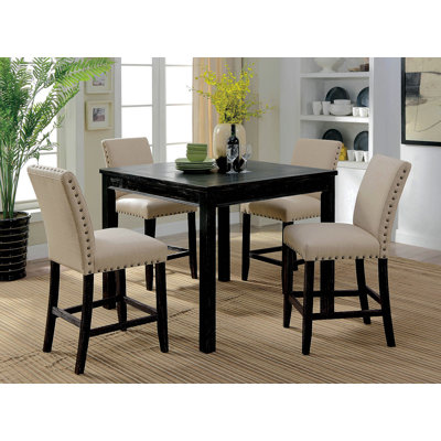 Rustic Style 5Pc Counter Height Dining Table Set 1X Table 4X Chairs Fabric Chairs Bold Distressed Detail Nailhead Trim Antique Black Finish