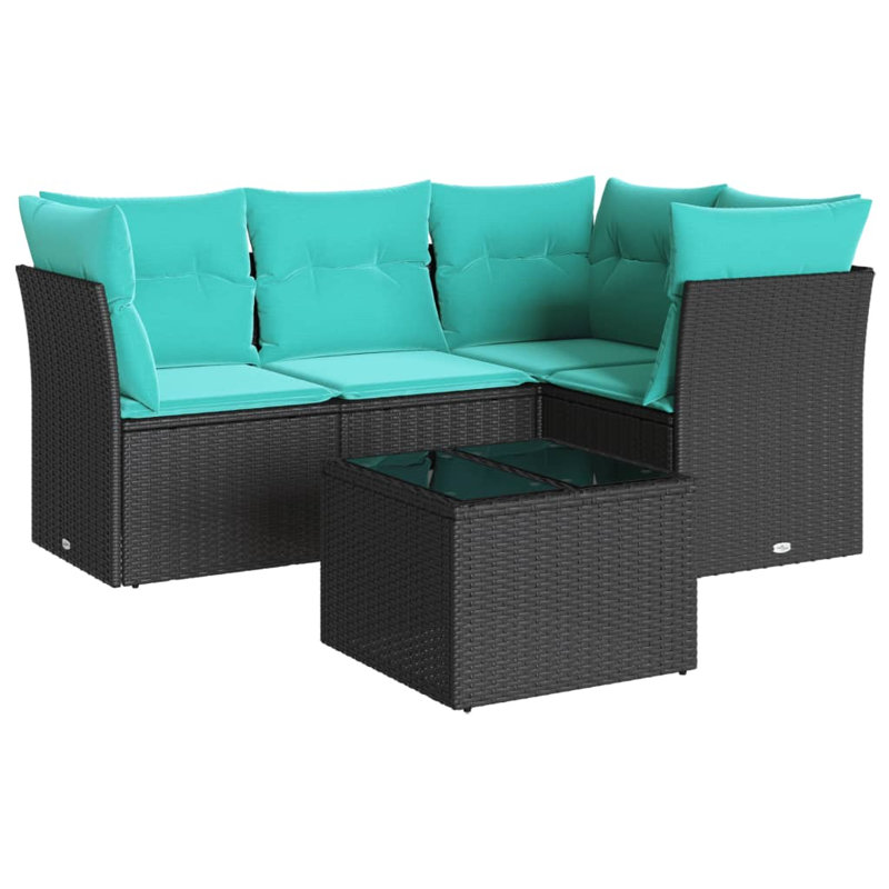  Ensemble de canapé de patio 5 pièces avec coussins en rotin de polyester noir, Bleu clair, Noir