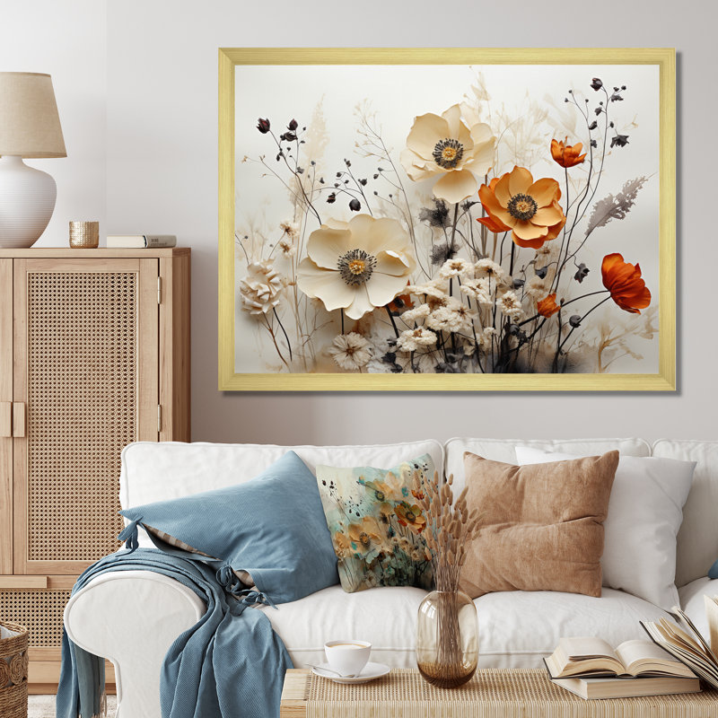 «Macaulee Bohemian Earthly Floral Collage II», art mural abstrait bohème, H 12 po x l 20 po, Cadre photo unique, Doré
