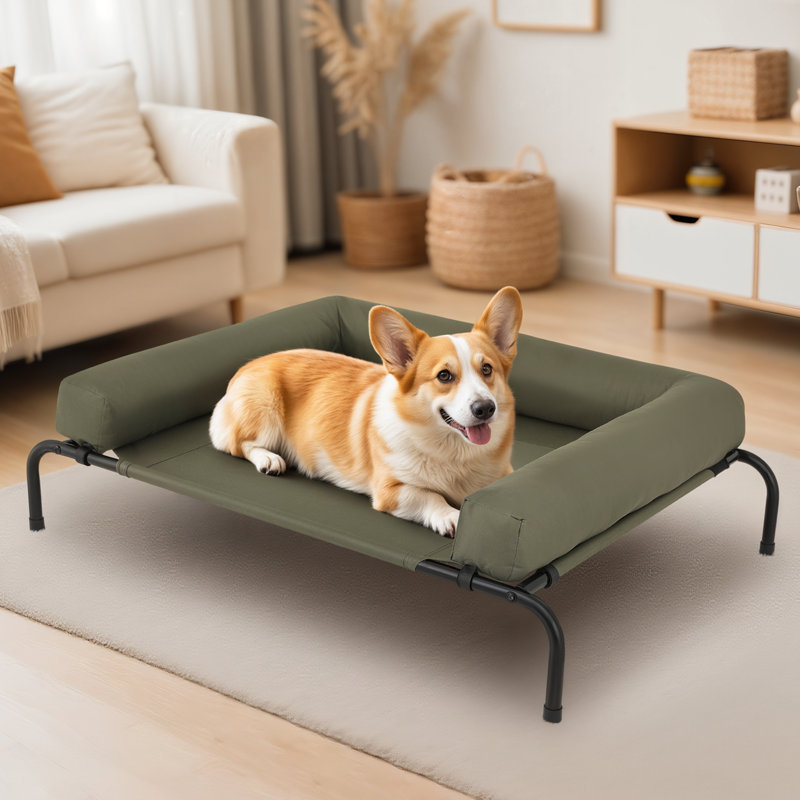 Portable Elevated Pet Bed Dog Cot Bed With Removable Bolster, Extra Small (35.5" W x 25.5" D x 7.5" H), Dark Green