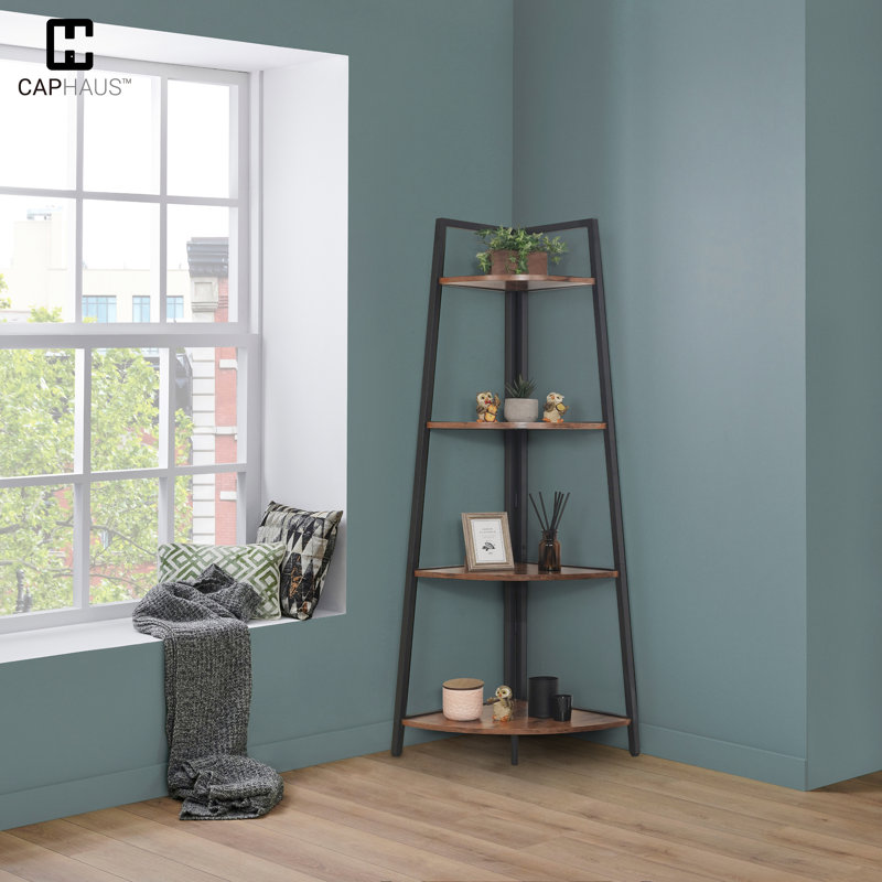 Tall Corner Shelf Stand, 4-Tier Display Shelves, Ladder Corner Wood Storage Plant Bookshelf with Metal Frame, Versatile Shelving Unit Bookcase for Home Office Space, Black