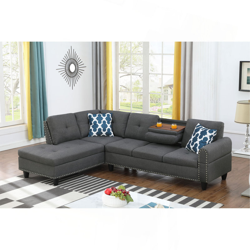 Console avec porte-gobelets - Canapé d'angle gris anthracite - 2 pièces