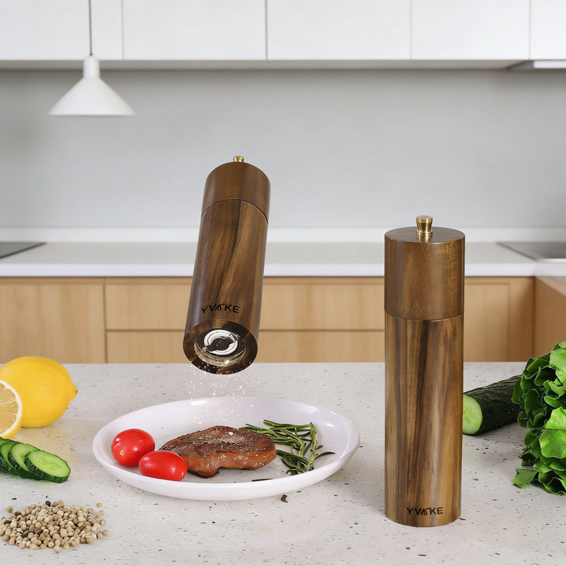 Ensemble de moulins à sel et à poivre en bois d'acacia, moulins manuels de 8 pouces à grosseur réglable, noyau en céramique rechargeable, marquages S / P gravés au laser pour la cuisine
