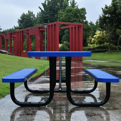 Table de pique-nique carrée extérieure en acier 46 "bleu avec mât de parasol - pour les fêtes et les pique-niques