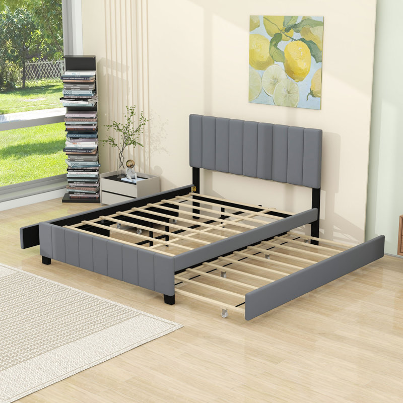 Grand lit plateforme tapissier avec tête de lit, deux tiroirs de rangement et lit gigogne simple TG, Gris