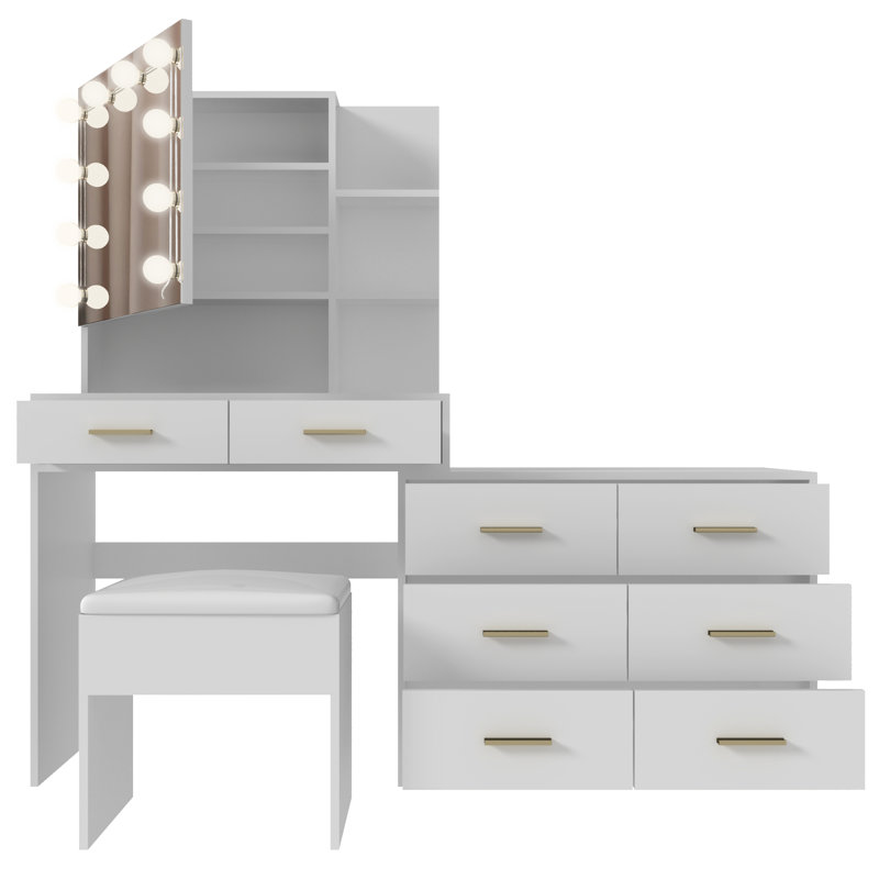 Makeup Vanity Set with Lights, USB & Power Outlet and 8 Drawers, White