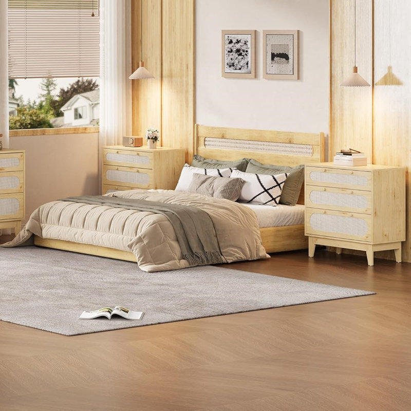 Table de chevet avec tiroirs, grande table de chevet moderne pour chambre à coucher, Beige