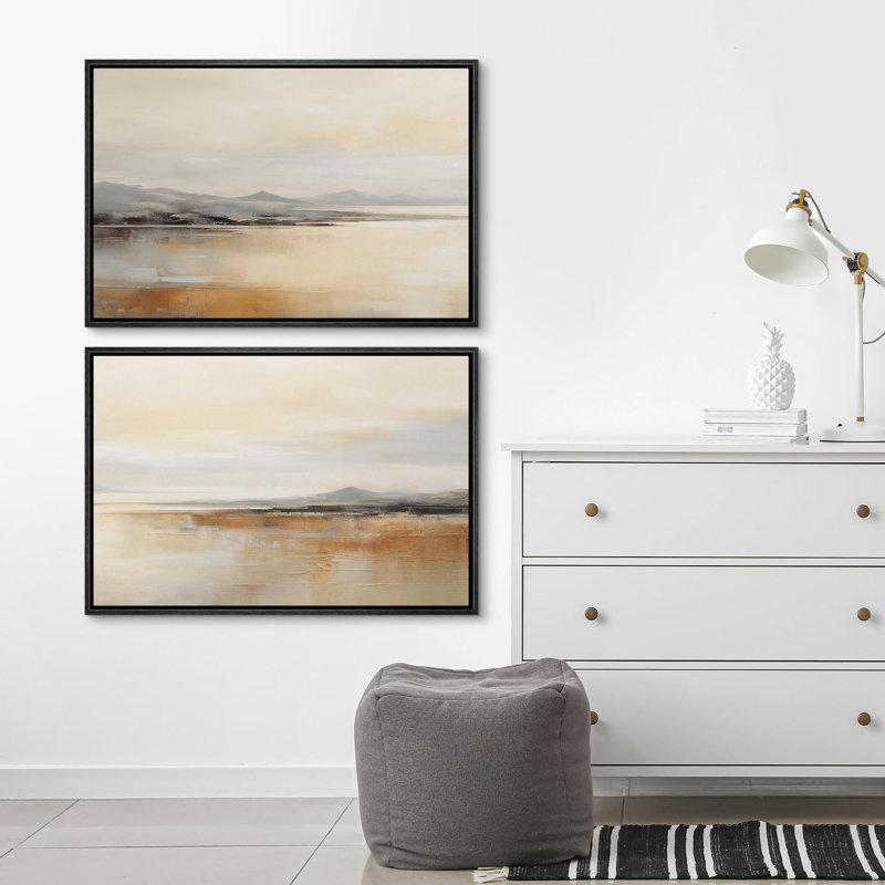 Minimal Landscape Calm Lake Waters and Distant Mountains Rustic 2 - Pièces, Cadre noir, H 24 po x l 36 po