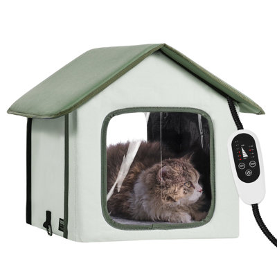 Abri pour chat chauffé surélevé, abri pour chat extérieur avec minuterie, abri pour chat pliable en tissu Oxford 600D avec coussin chauffant pour l'hiver pour rester au chaud et confortable, vert (petit)