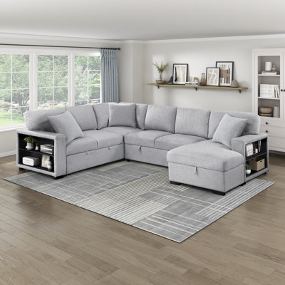Meserve 121" Contemporary Square Arm Boucle Sectional with Pull-Out Bed by Latitude Run