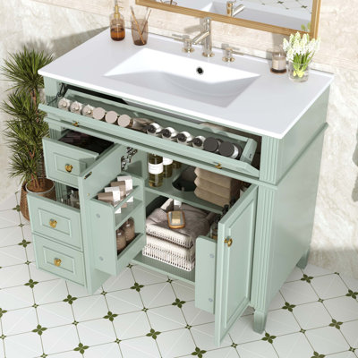 Meuble-lavabo de 36 pouces avec meuble-lavabo avec tiroir escamotable, 3 tiroirs et 2 portes à fermeture en douceur, poignées et design moderne