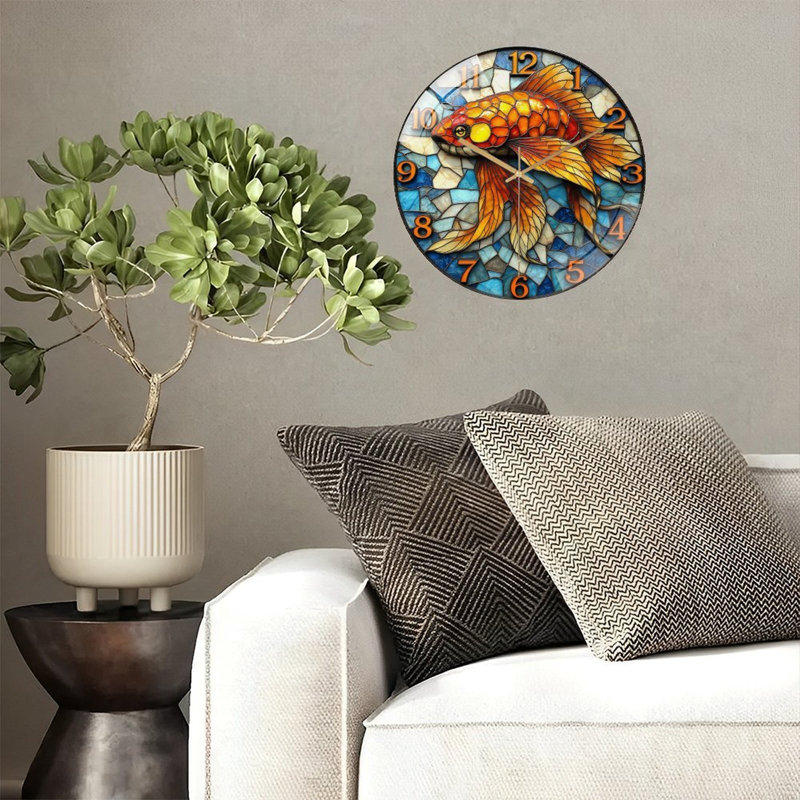 Horloge murale vitrail avec art de poisson rouge - horloge murale 12 po