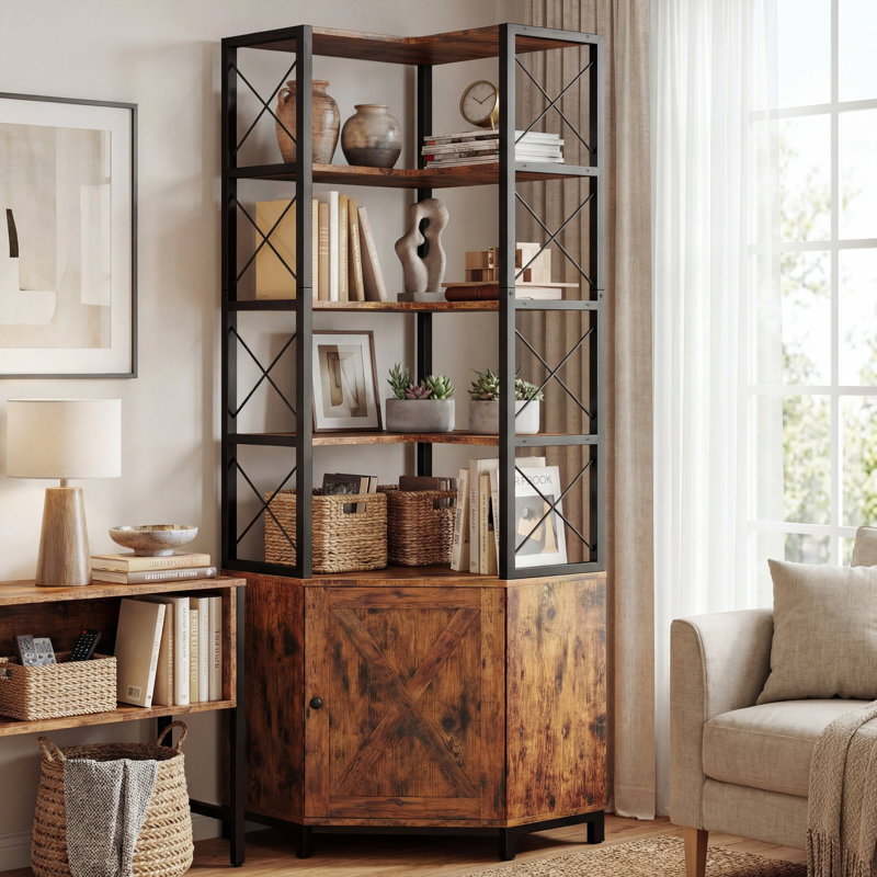 77.9" Tall Corner Bookshelf With 5-tier Open Display Shelves,  L-shaped Bookcase With Closed Storage Cabinet, Adjustable Foot, Anti-tip Device For Living Room, Office, Study