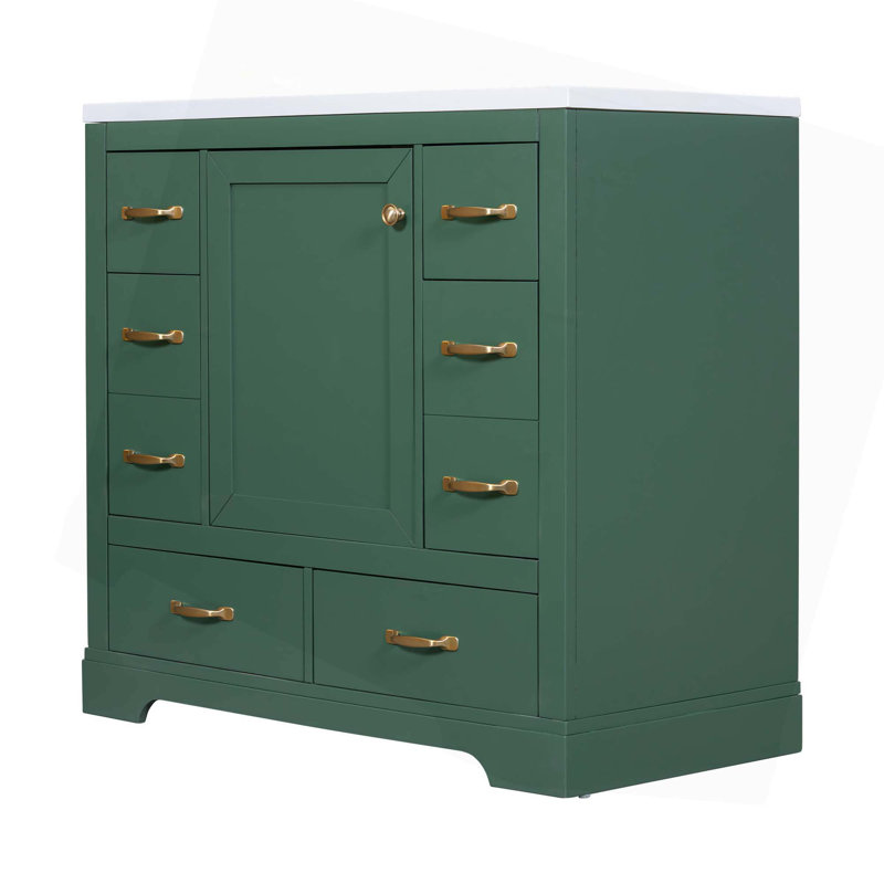 Ensemble de meuble-lavabo 36 po avec évier, six tiroirs, diviseur de tiroir multifonctionnel, tablette réglable, Vert, Doré