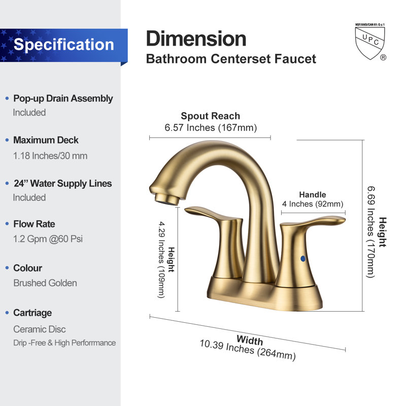 2-handle Bathroom Faucet with Drain Assembly, Brushed Gold