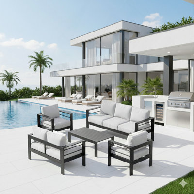 5-Piece Modern Aluminum Patio Conversation Set,  7-Seat Outdoor Sofa With  Thick Cushions & Coffee Table
