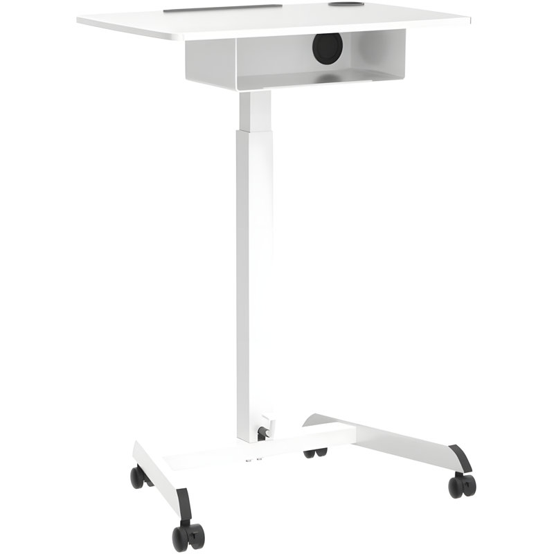 Height Adjustable Rolling Desk With Foot Pedal And Storage Shelf - Pneumatic Mobile Laptop Cart With Brake Casters