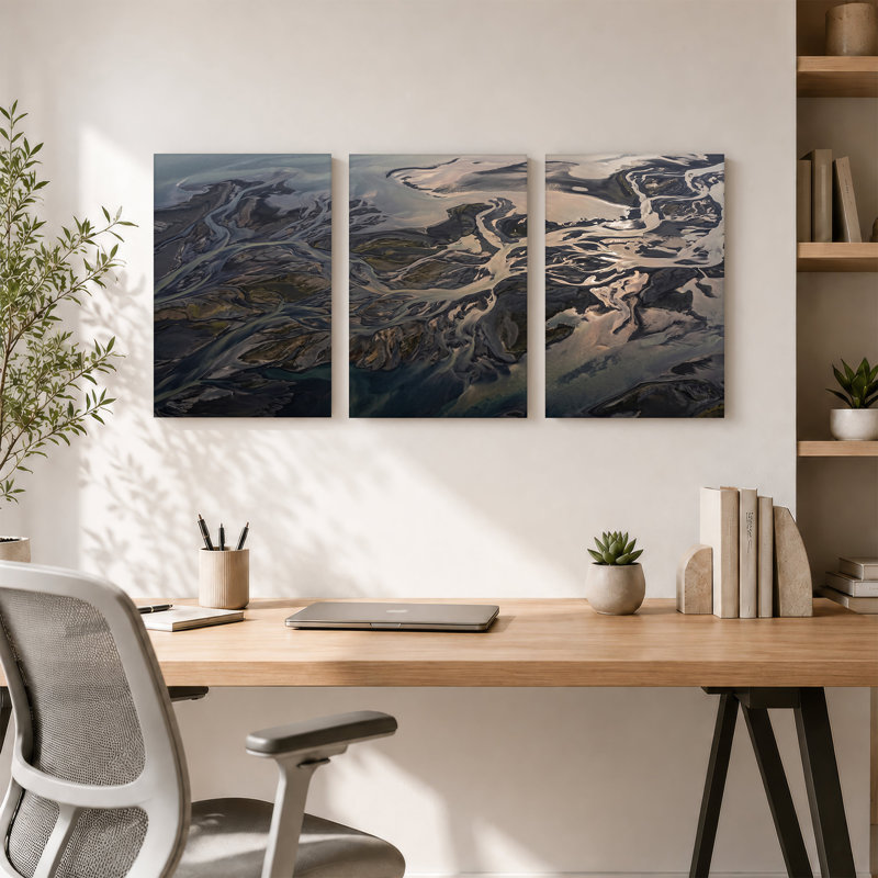 Paysage tressé de delta du paysage dans des tons terreux et sable, ensemble de 3 toiles, H 18 po x l 12 po x 3 pièces
