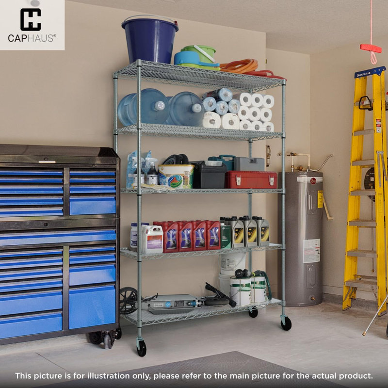 Heavy Duty Silver Grey 5-Tier Metal Shelving Unit with Wheels