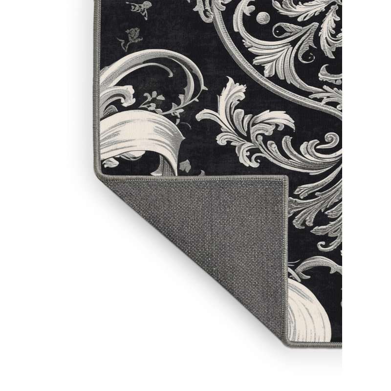Tapis moelleux moelleux à motif de damas classique en gris - reliure grise, 3 X 5