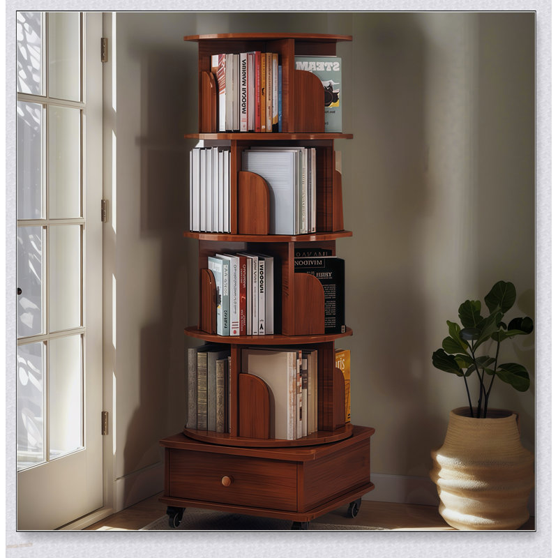 Bibliothèque rotative avec tiroir, tablette de présentation à 5 niveaux à 360 degrés pour les petits espaces, rangement en bois sur pied