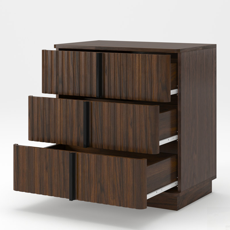 Table de chevet à 3 tiroirs à rayures verticales, armoire rétro économique pour les chambres et les salons modernes, Walnut