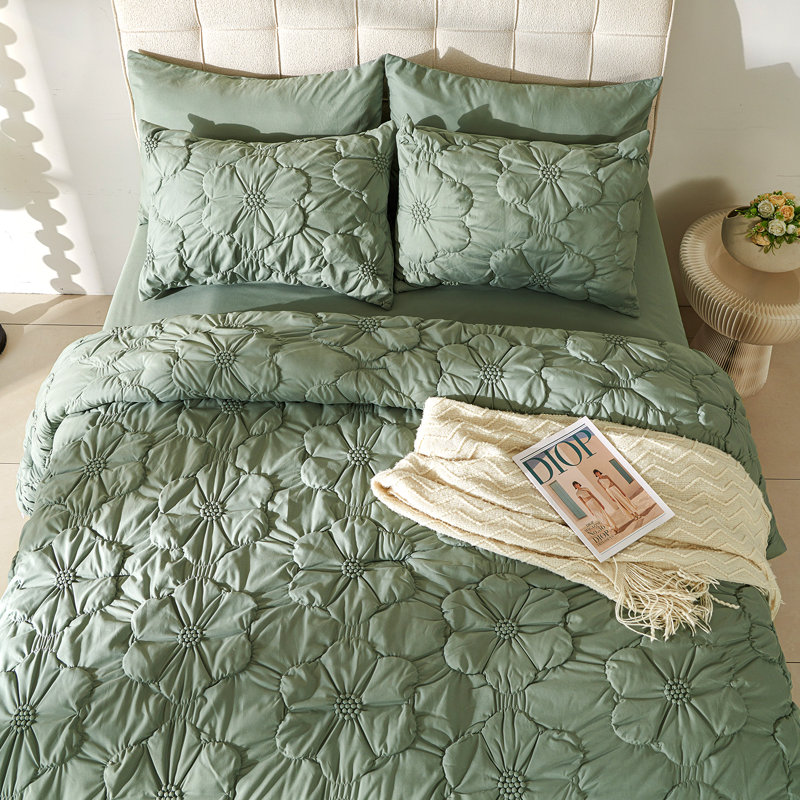 Ensemble d'édredon plissé 7 pièces Pintuck, ensemble de literie à ruche floral, Vert