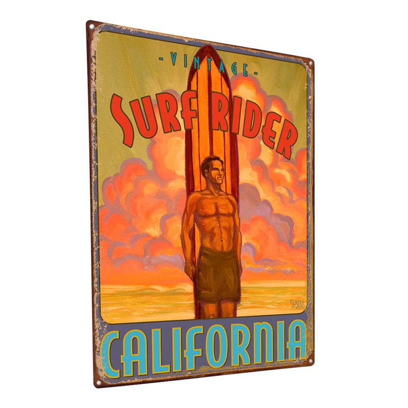 Rétro surfeur californien rétro sur impression métallique, H 15,5 po x l 11,5 po x P 0,04 po
