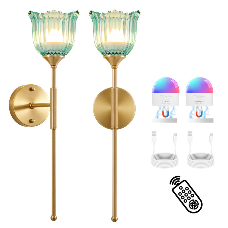 Applique murale à piles avec télécommande, appliques murales rechargeables sans fil dorées, lumière à intensité variable RVB (ensemble de 2)