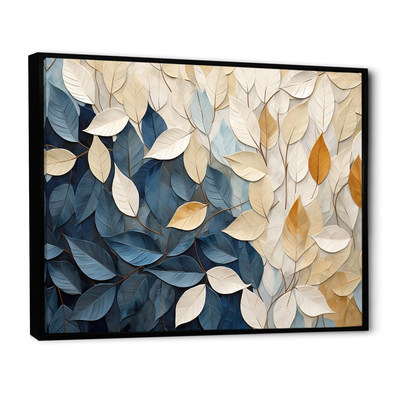 Collage de feuilles minimaliste beige et bleu - feuilles, décoration murale, Cadre flottant noir