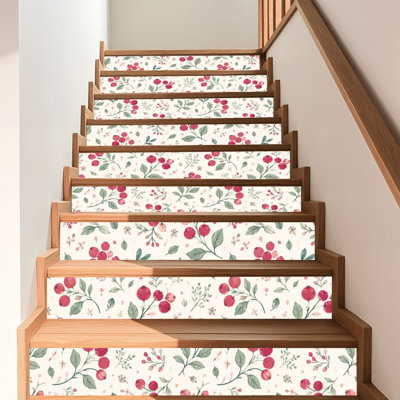 Papier peint adhésif avec papier peint Cerises rouges cerise vertes feuilles claires Les petites cerises se répètent uniformément Adhésif et amovible 17,7 po x 118 po (45 x 300 cm)