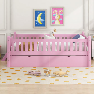 Structure de lit simple en bois avec garde-corps et 2 tiroirs de rangement, rose