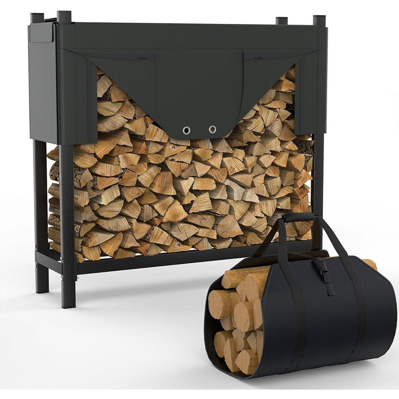 Support à bois de chauffage robuste avec couvercle imperméable et sac de transport de bois de chauffage, support à bûches en bois pour l'extérieur, foyer et véranda en acier de 4 pi