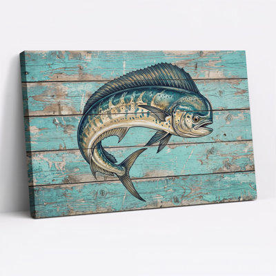 Mahi Mahi Fish on Teal Distressed Wood Canvas Wall Art