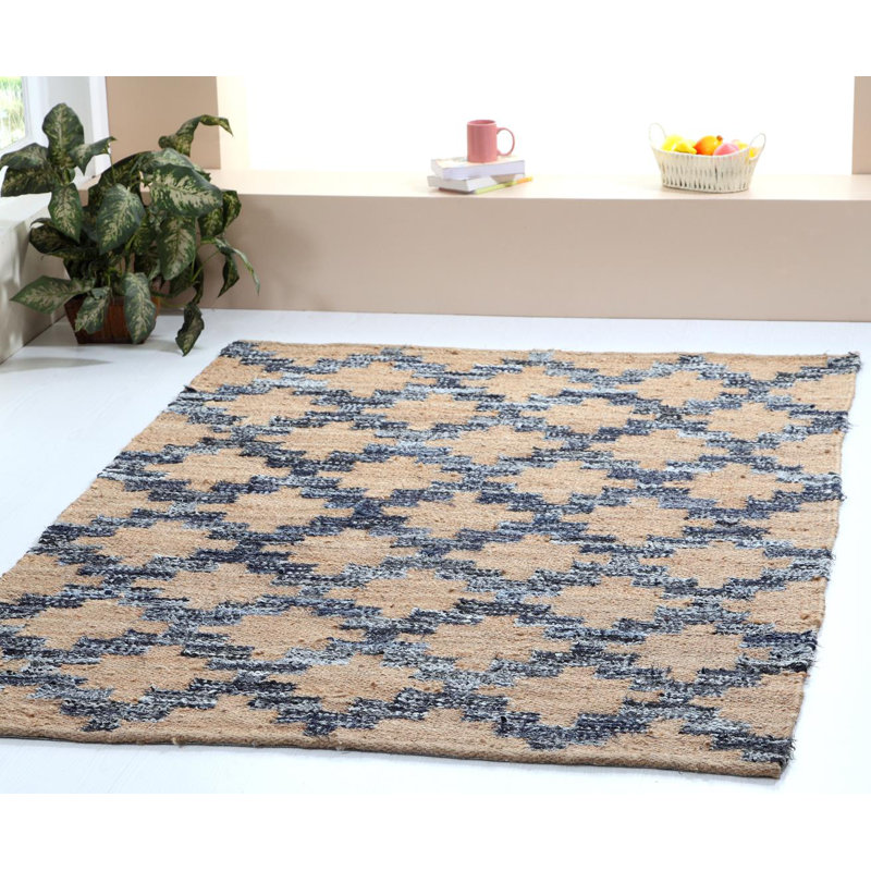 Tapis bleu / beige en laine noué à la main de conception unique 5 pi 2 po x 7 pi 10 po Annalee