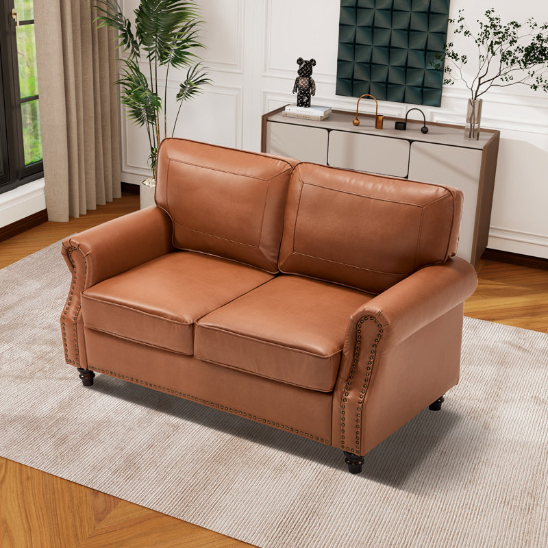 59" Upholstered Loveseat Faux Leather Sofa, Brown