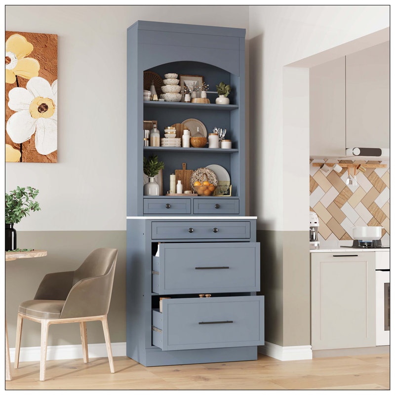 Garde-manger moderne haut, grande huche de cuisine autoportante, armoire de présentation avec 5 tiroirs de rangement et tablette réglable