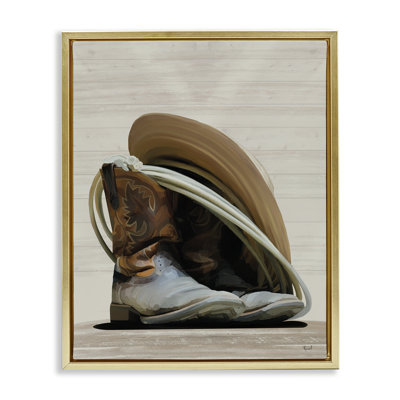 «Cowboy Gear on Beige», art mural encadré sur toile flottante par Renel Peters