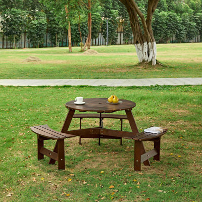 Outdoor 6 Person Picnic Table, 6 Person Round Picnic Table With 3 Built-In Benches, Umbrella Hole, Outside Table And Bench Set For Garden, Backyard, Porch, Patio