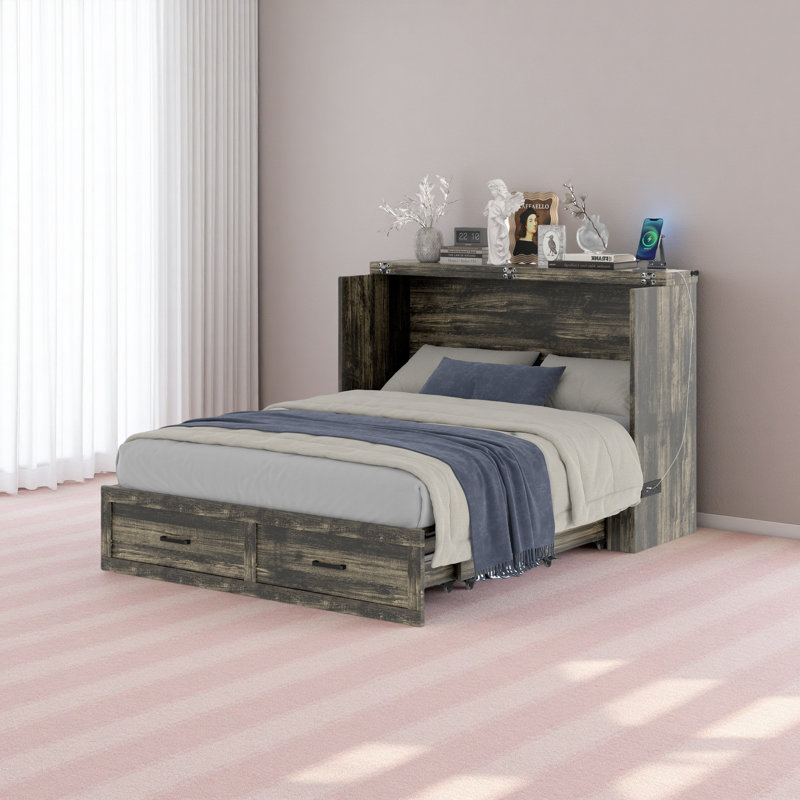 Armoire murale avec station de charge Murphy, Grand lit, Gris rustique