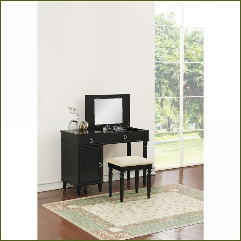 Ensemble de coiffeuse avec tabouret Classic Cherry | Rangement à miroir rabattable | Bois d'hévéa | Siège rembourré