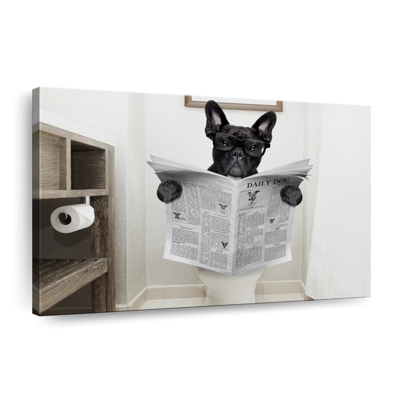 Funny Bathroom French Bulldog Canvas Print, 32" H x 48" W x 1.25" D