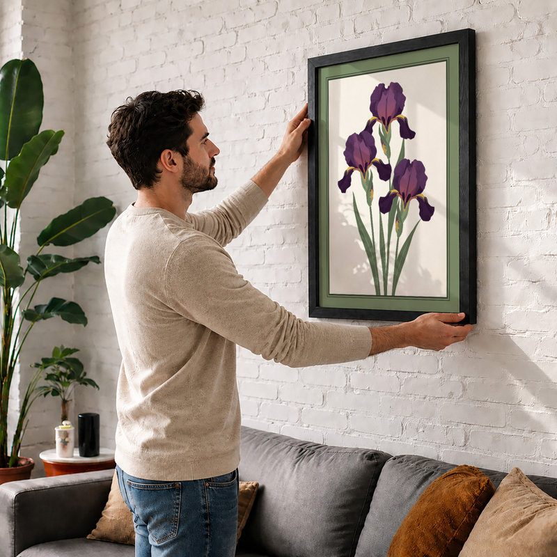 Irises in Violet Botanical - Framed Print, A1 - 84.1 x 59.4 cm, Oak
