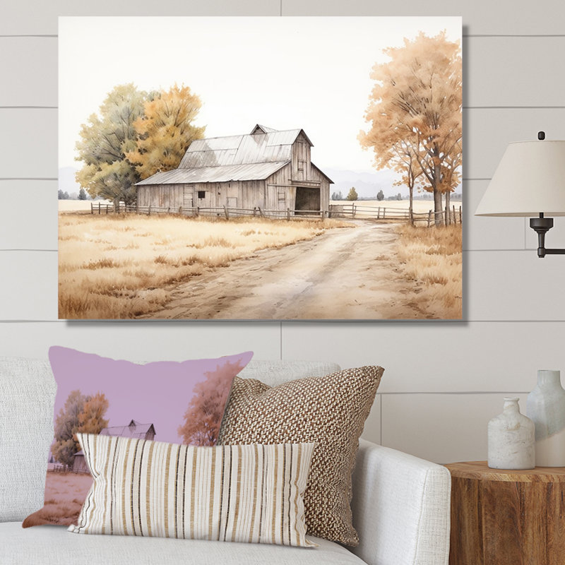Paysage de grange, minimalisme, paysage - art mural de grange, Toile tendue, H 34 po x l 44 po x P 1,5 po
