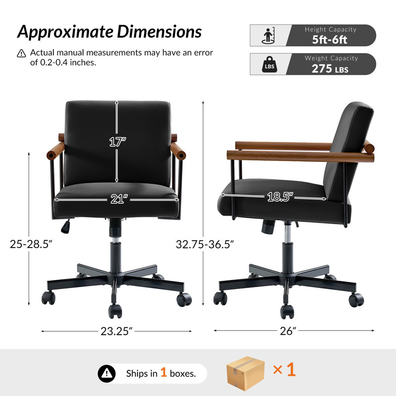 Avelina Rafael Modern Industrial PU Leather Upholstered Swivel Tilt Task Office Chair with Solid Wood Armrest, Black