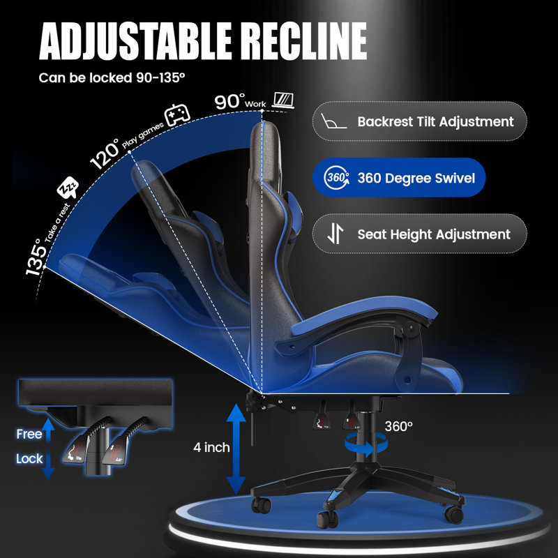 Stephen  Adjustable Reclining Ergonomic Swiveling PC & Racing Game Chair, Blue/Black